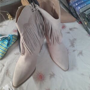 Time and Tru Fringe Ankle Booties - Light Beige